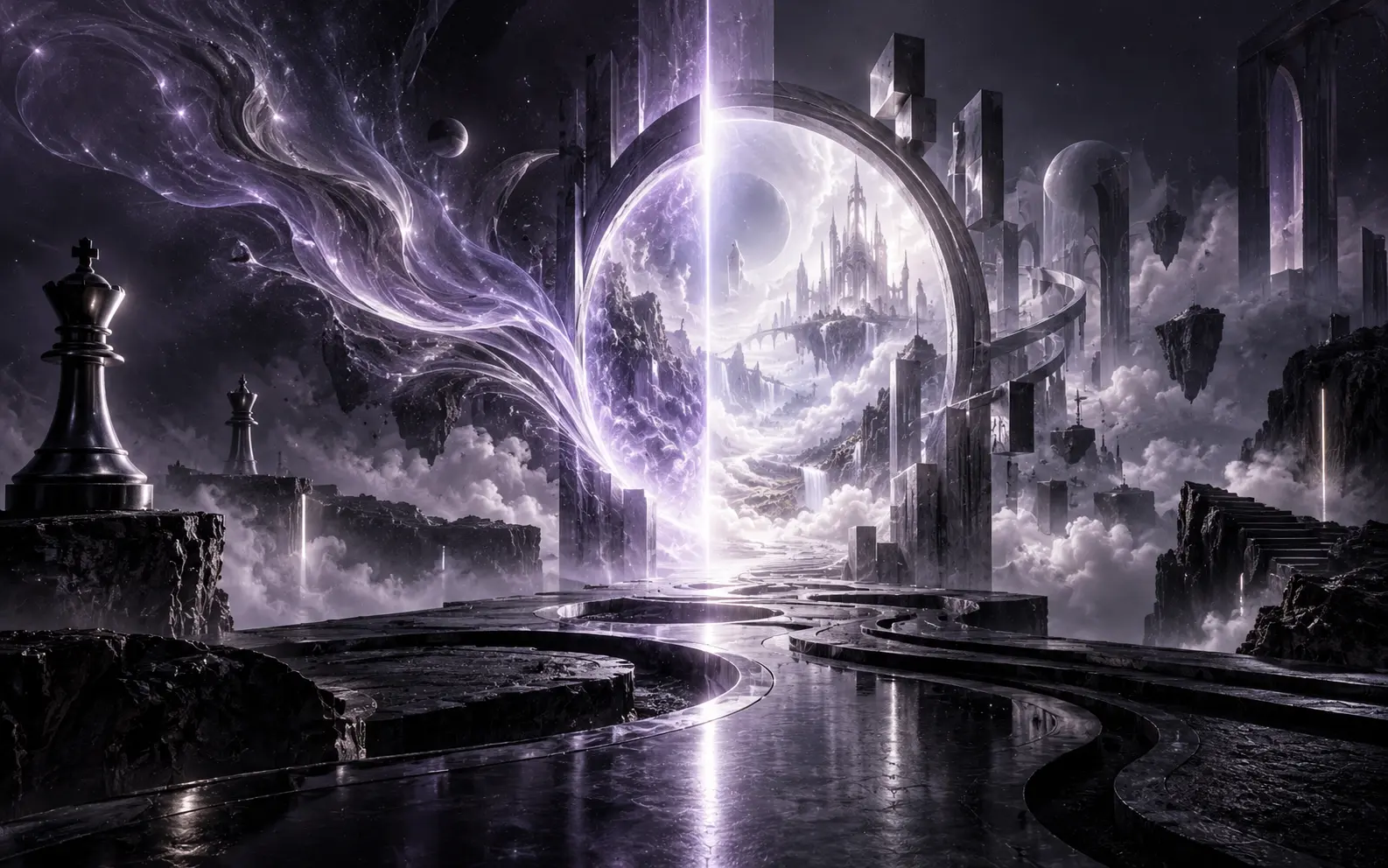 Cinematic campaign concept showing artificial intelligence and human imagination merging into a surreal creative world